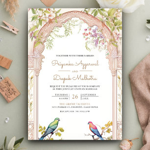 Elegante Papegaaien Bloemrijke Indiase Boog Bruilo Kaart