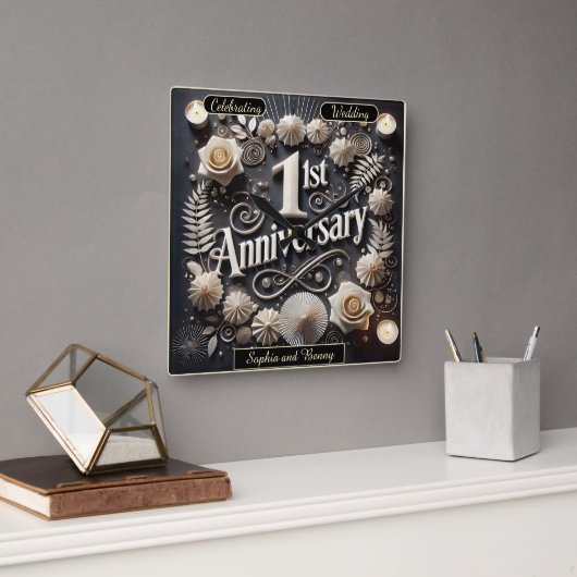 Elegante papieren krans 1e verjaardag vierkante klok (Kantoor)