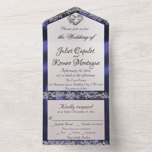 Elegante parel, blauw lint en glitterranden all in one uitnodiging (Binnen)