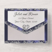 Elegante parel, blauw lint en glitterranden all in one uitnodiging (Achterkant)