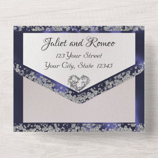 Elegante parel, blauw lint en glitterranden all in one uitnodiging (Achterkant)