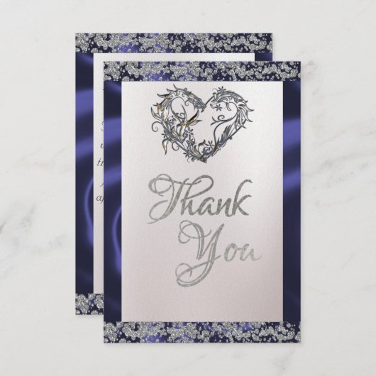Elegante parel, blauw lint & sprankeling bedankkaart (Voorkant / Achterkant)
