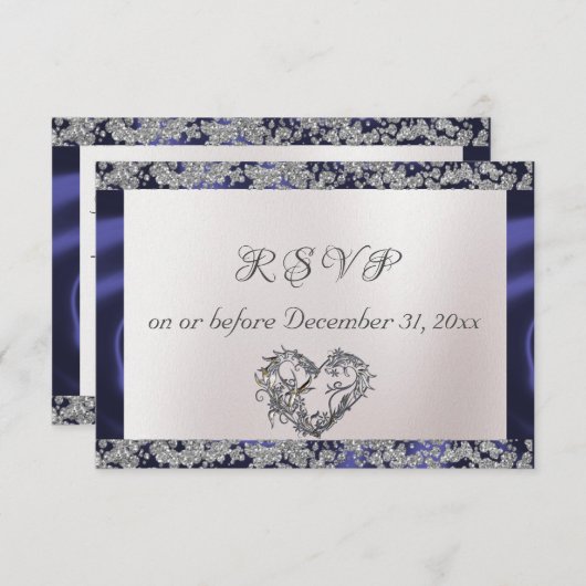 Elegante parel, blauw lint & sprankeling RSVP kaartje (Voorkant / Achterkant)