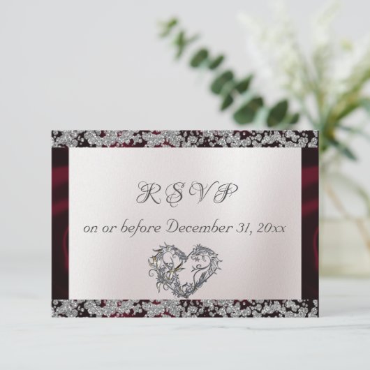 Elegante parel, Bourgogne lint & Sparkle RSVP Kaartje (Staand voorkant)