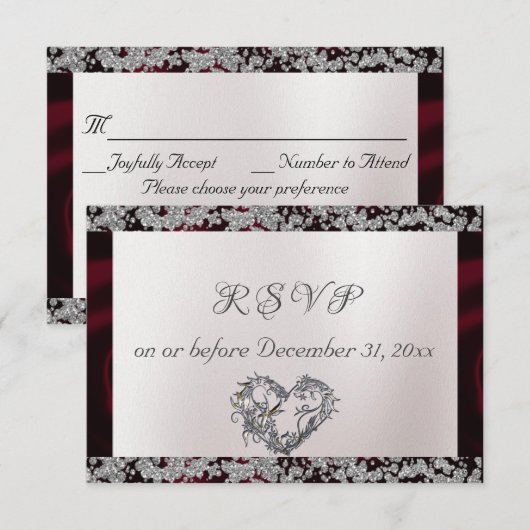 Elegante parel, Bourgogne lint & Sparkle RSVP Kaartje (Voorkant / Achterkant)
