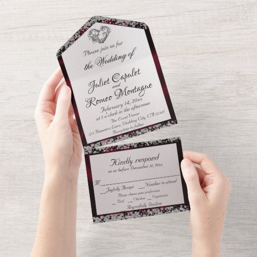 Elegante parel, Bourgondisch lint en glitterranden All In One Uitnodiging (Afscheurbaar)