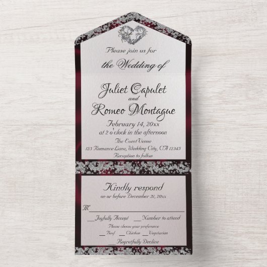 Elegante parel, Bourgondisch lint en glitterranden All In One Uitnodiging (Binnen)