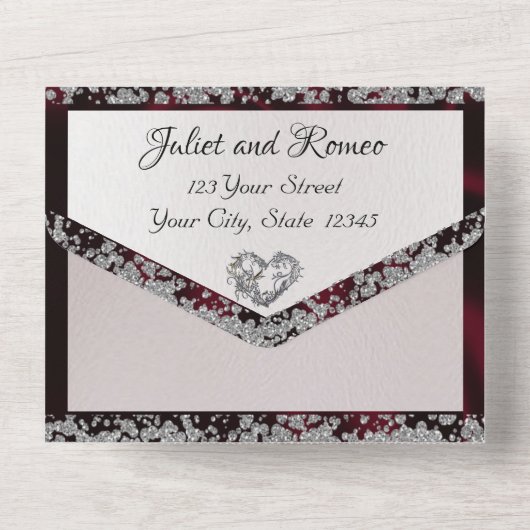 Elegante parel, Bourgondisch lint en glitterranden All In One Uitnodiging (Achterkant)