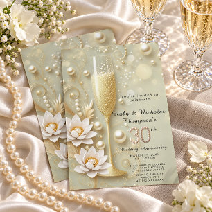 Elegante Parel & Champagne Glas 30e Trouwdag Kaart
