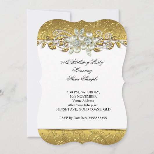 Elegante Parel Geelgoud Witte Diamant Verjaardag Kaart (Achterkant)