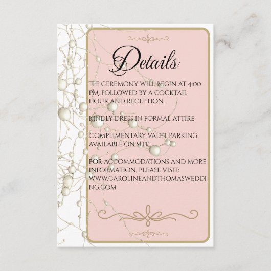 Elegante Parel Gouden Scriptie Bruiloft Romantisch Informatiekaartje (Voorkant)