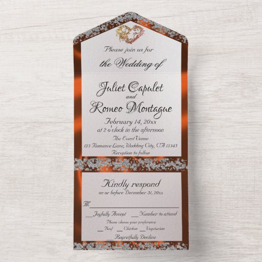 Elegante parel, koperlint en glitterranden all in one uitnodiging (Binnen)