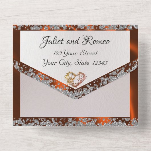 Elegante parel, koperlint en glitterranden all in one uitnodiging (Achterkant)