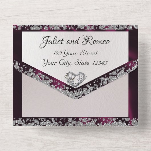 Elegante parel, Paarse lint & glitter borders All In One Uitnodiging (Achterkant)