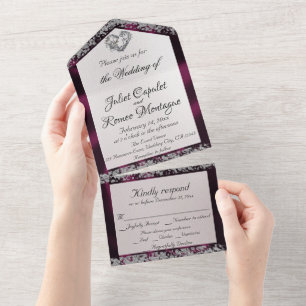 Elegante parel, Paarse lint & glitter borders All In One Uitnodiging