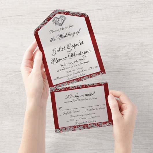 Elegante parel, rood lint en glitterranden all in one uitnodiging (Afscheurbaar)