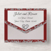 Elegante parel, rood lint en glitterranden all in one uitnodiging (Achterkant)