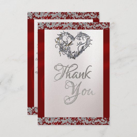 Elegante parel, rood lint & sprankeling bedankkaart (Voorkant / Achterkant)