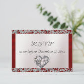 Elegante parel, rood lint & sprankeling RSVP kaartje (Staand voorkant)