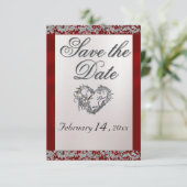 Elegante parel, rood lint & sprankeling save the date (Staand voorkant)