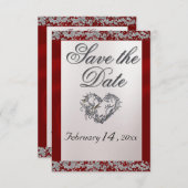 Elegante parel, rood lint & sprankeling save the date (Voorkant / Achterkant)