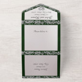 Elegante parel, smaragdgroen lint en glitterranden all in one uitnodiging (Buitenkant)