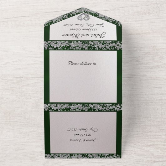 Elegante parel, smaragdgroen lint en glitterranden all in one uitnodiging (Buitenkant)