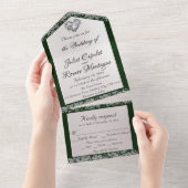 Elegante parel, smaragdgroen lint en glitterranden all in one uitnodiging (Afscheurbaar)