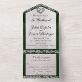 Elegante parel, smaragdgroen lint en glitterranden all in one uitnodiging (Binnen)