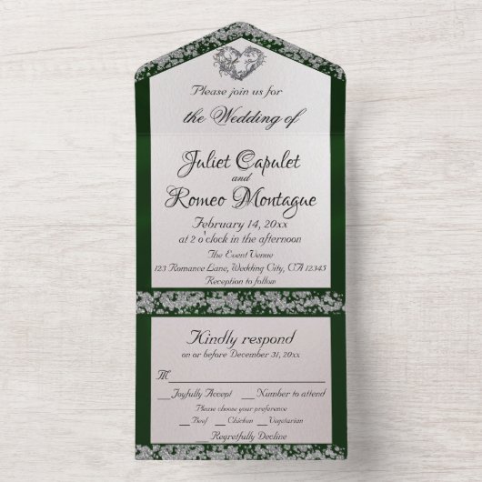 Elegante parel, smaragdgroen lint en glitterranden all in one uitnodiging (Binnen)