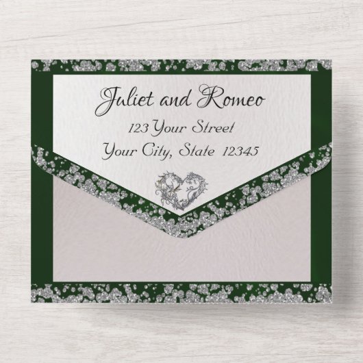 Elegante parel, smaragdgroen lint en glitterranden all in one uitnodiging (Achterkant)
