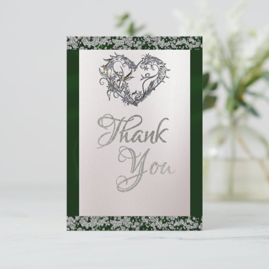 Elegante parel, smaragdgroen lint & sprankeling bedankkaart (Staand voorkant)