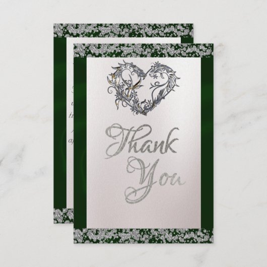 Elegante parel, smaragdgroen lint & sprankeling bedankkaart (Voorkant / Achterkant)