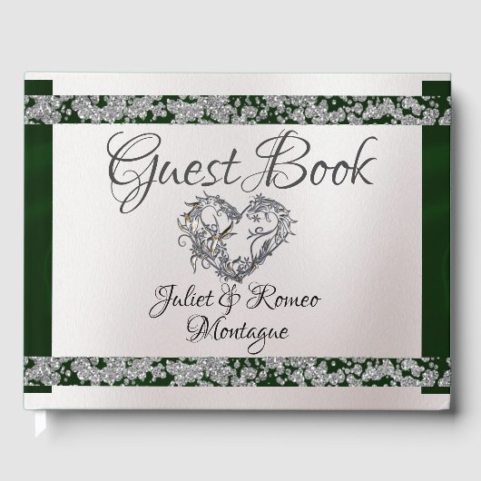 Elegante parel, smaragdgroen lint & sprankeling gastenboek (Voorkant)