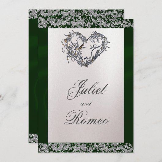 Elegante parel, smaragdgroen lint & sprankeling kaart (Voorkant / Achterkant)