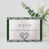 Elegante parel, smaragdgroen lint & sprankeling RSVP kaartje (Staand voorkant)