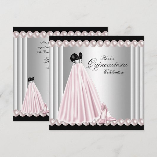 Elegante Parel Zilver Roze Quinceanera Kaart (Voorkant / Achterkant)