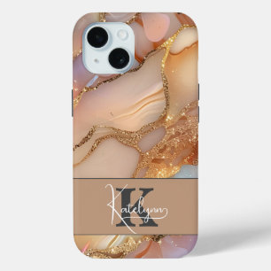 Elegante parelmoer en glinsterend gouden monogram iPhone 15 case