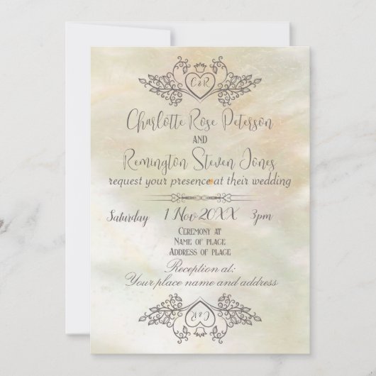 Elegante parelmoer perzik bruiloft kaart (Voorkant)