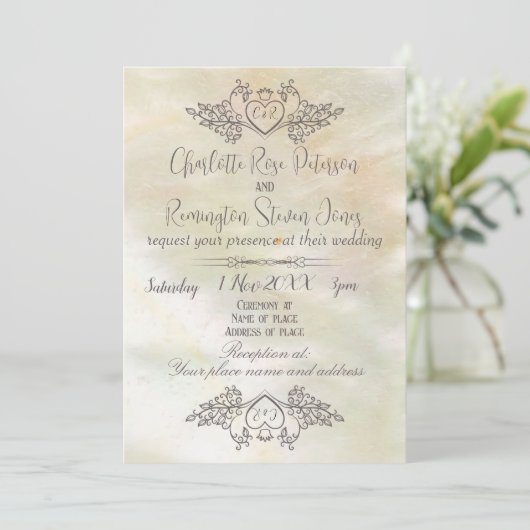 Elegante parelmoer perzik bruiloft kaart (Staand voorkant)