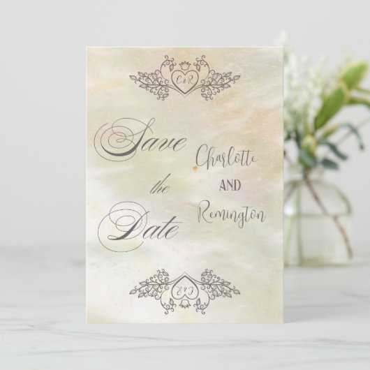 Elegante parelmoer perzik Save the Date Kaart (Staand voorkant)