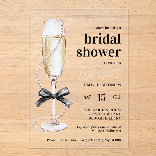 Elegante parels en Prosecco Acryl Uitnodigingen (Voorkant)