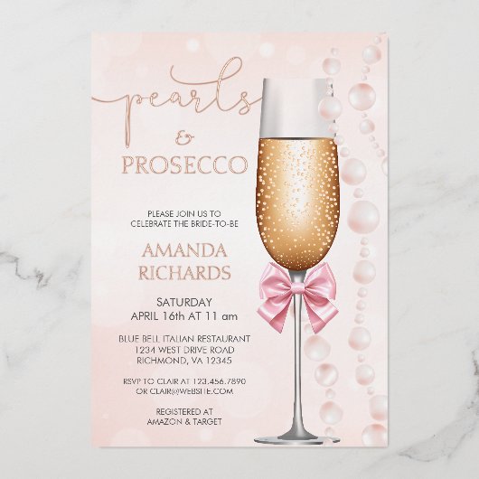 Elegante Parels en Prosecco Bruidsdouche Folie Uitnodiging (Voorkant)