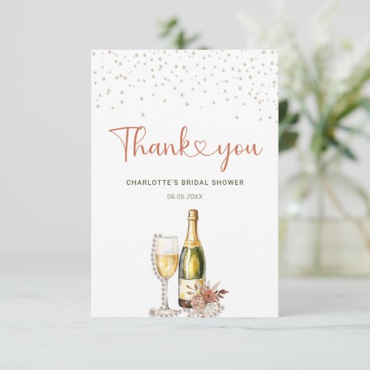 Elegante Parels en Prosecco Bruidsfeest Bedankkaart (Staand voorkant)