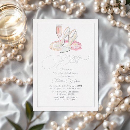 Elegante Parels en Prosecco Bruidsfeest Folie Uitnodiging