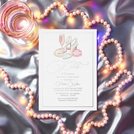 Elegante Parels en Prosecco Bruidsfeest Folie Uitnodiging