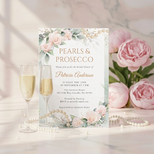 Elegante Parels en Prosecco Bruidsfeest Kaart