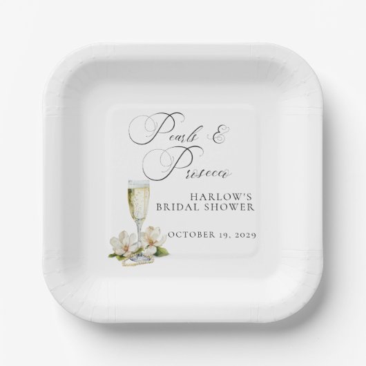 Elegante Parels en Prosecco Bruidsfeest Papieren Bordje (Voorkant)