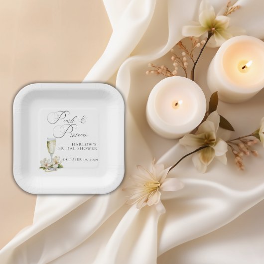 Elegante Parels en Prosecco Bruidsfeest Papieren Bordje