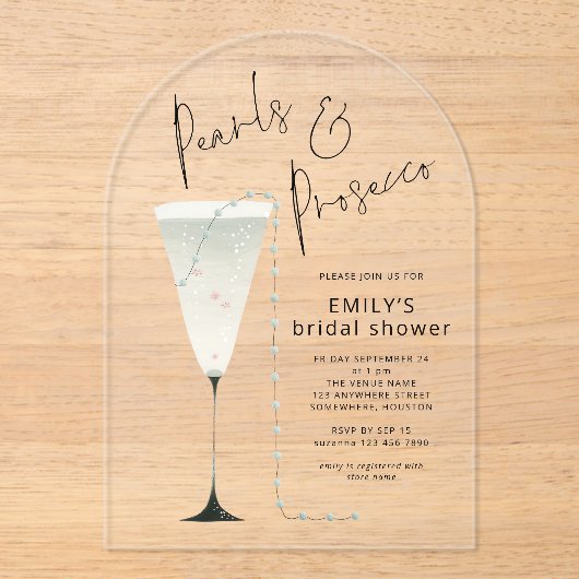 Elegante parels en Prosecco fluit Vrijgezellenfees Acryl Uitnodigingen (Voorkant)